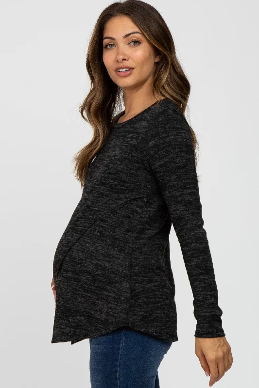 Black Heather Knit Layered Front Maternity/Nursing Top