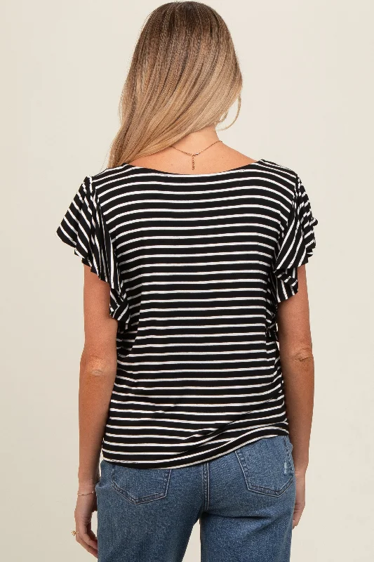 Black Striped Ruffle Sleeve Maternity Top