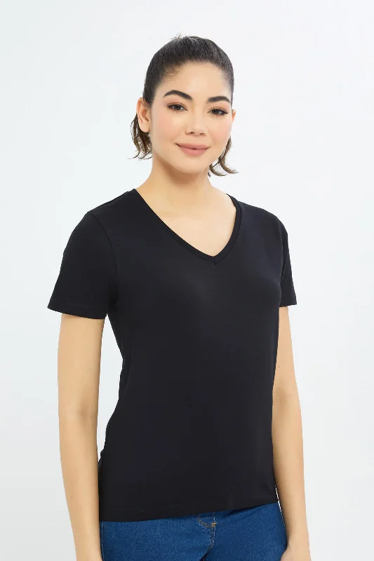 Women Black Short Sleeve V- Neck T-Shirt