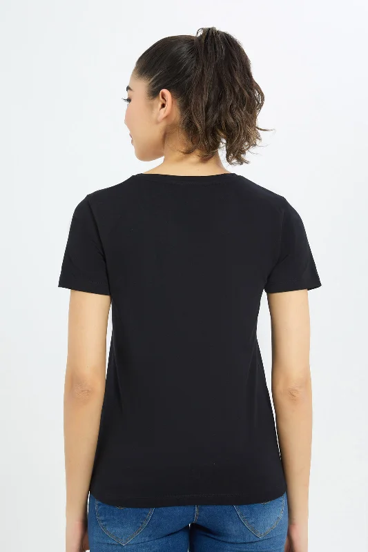 Women Black Short Sleeve V- Neck T-Shirt