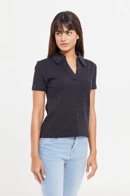 Women Black Textured Collared T-Shirt