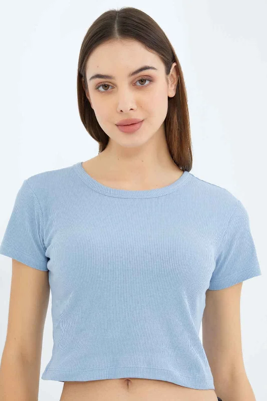 Women Blue Rib Cropped T-Shirt