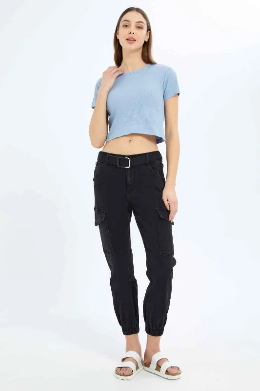 Women Blue Rib Cropped T-Shirt