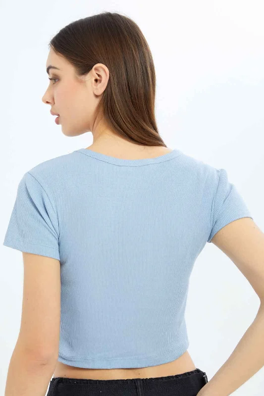 Women Blue Rib Cropped T-Shirt