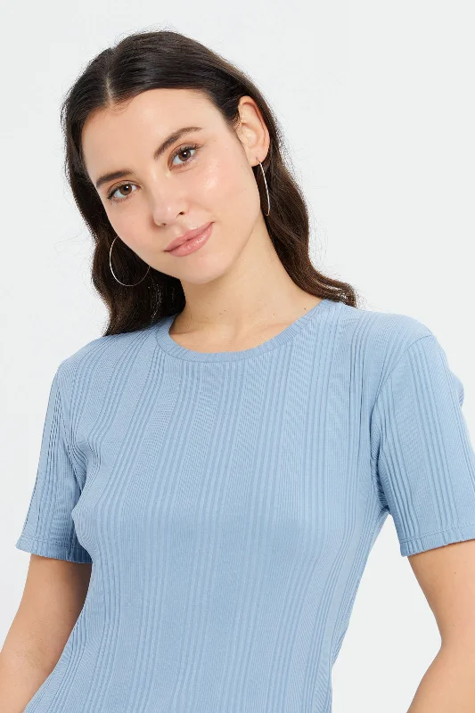 Women Blue Rib Knitted T-Shirt