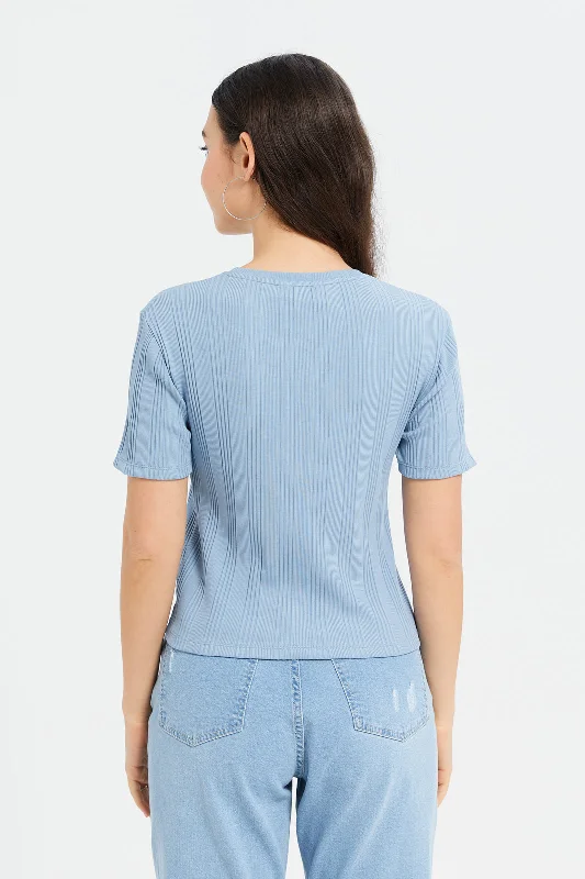 Women Blue Rib Knitted T-Shirt