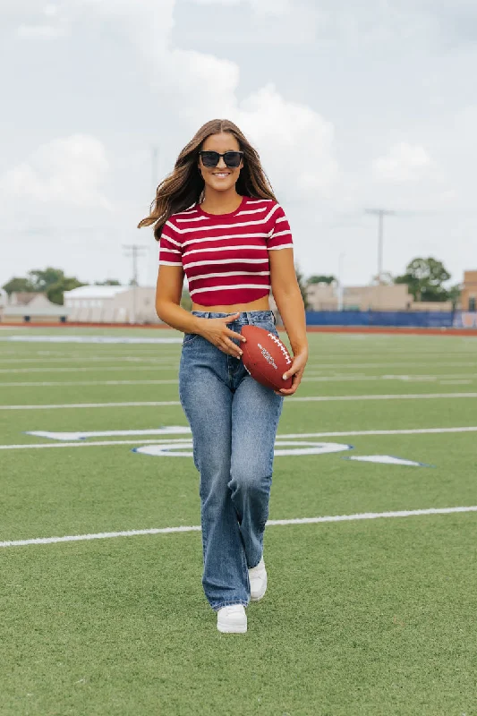 Burgundy and White Striped Cropped Sweater