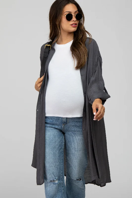 Charcoal Button Front Side Slit Oversized Maternity Blouse