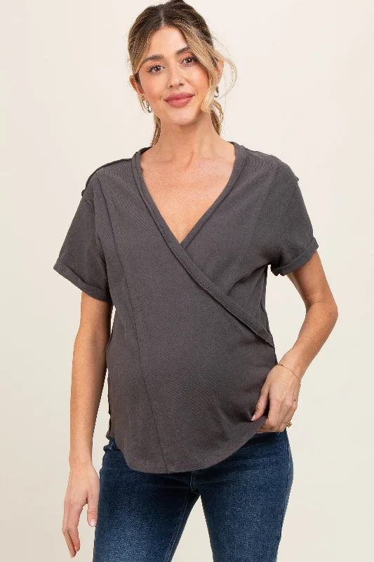 Charcoal Wrap Short Sleeve Raw Hem Maternity Top