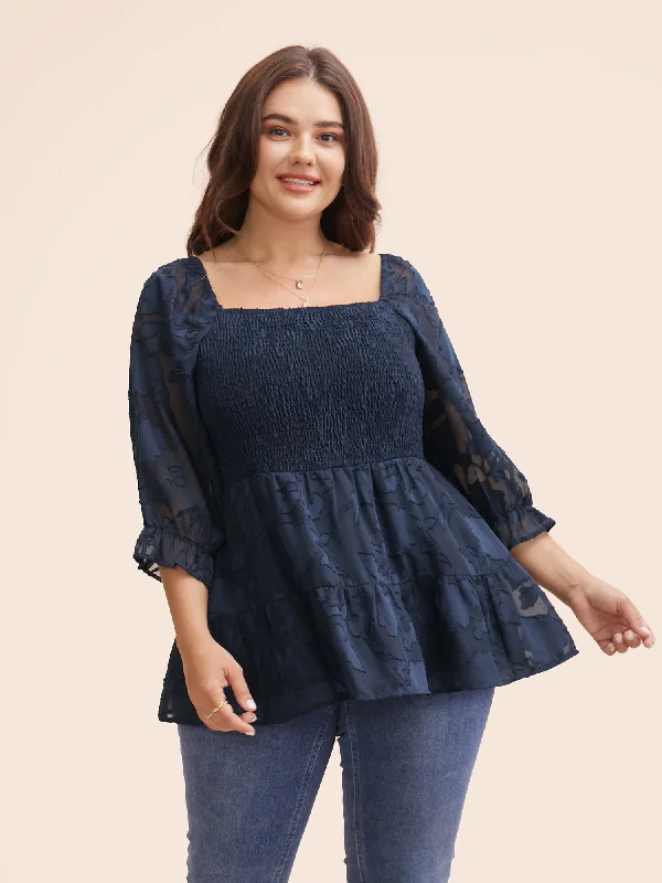 Jacquard Mesh Shirred Lantern Sleeve Blouse