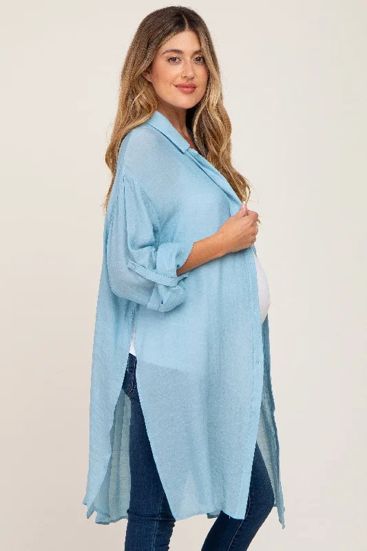 Light Blue Button Front Side Slit Oversized Maternity Blouse