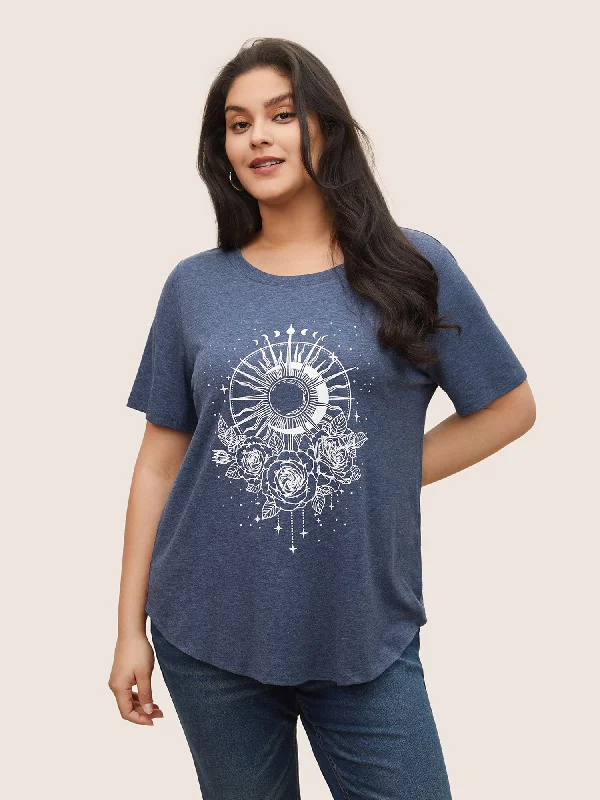 Moon & Star Print Round Neck Curved Hem T-shirt