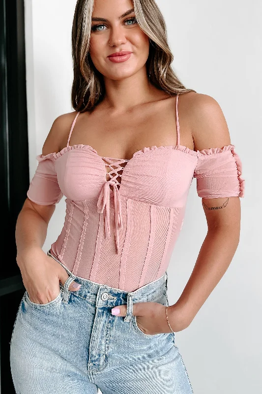 Never Satisfied Cold Shoulder Corset Mesh Bodysuit (Mauve)