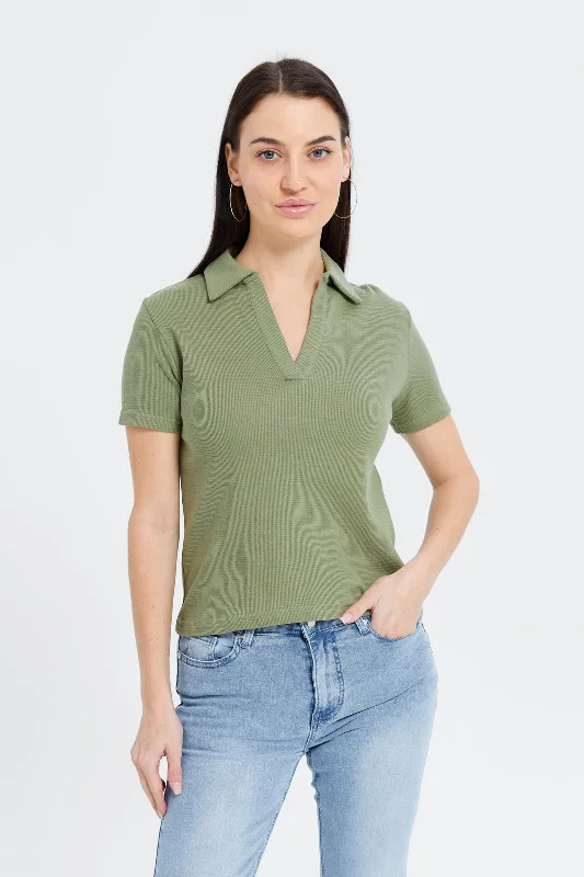 Women Olive Jacquard T-Shirt