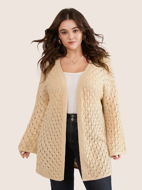 Plain Hollow Out Drop Shoulder Cable Knit Cardigan