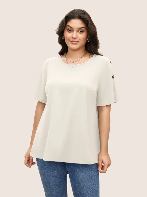 Plain Round Neck Button Detail Blouse