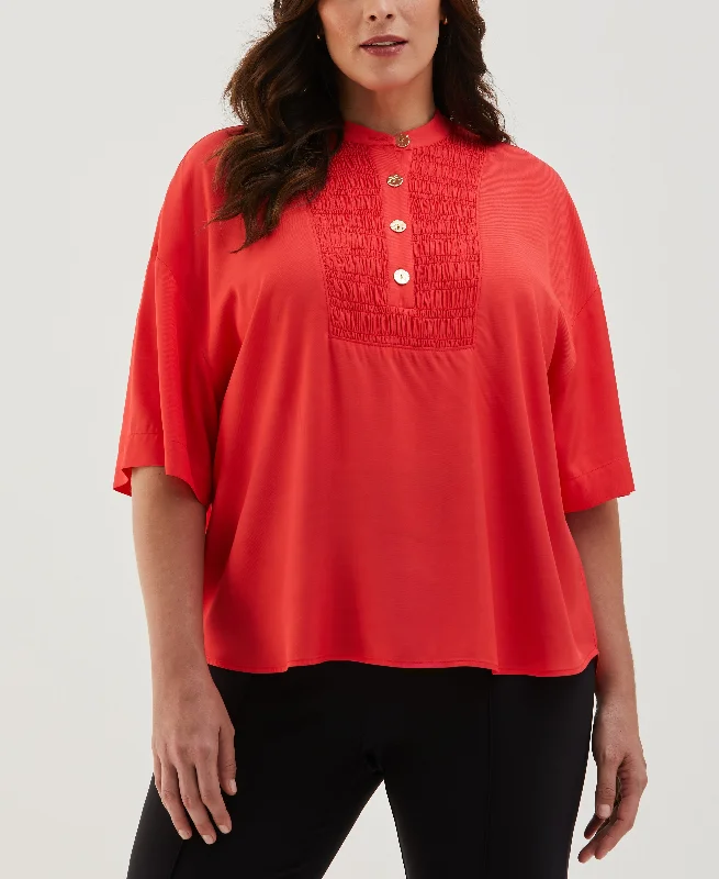 Plus Size Smocked Banded Collar Top