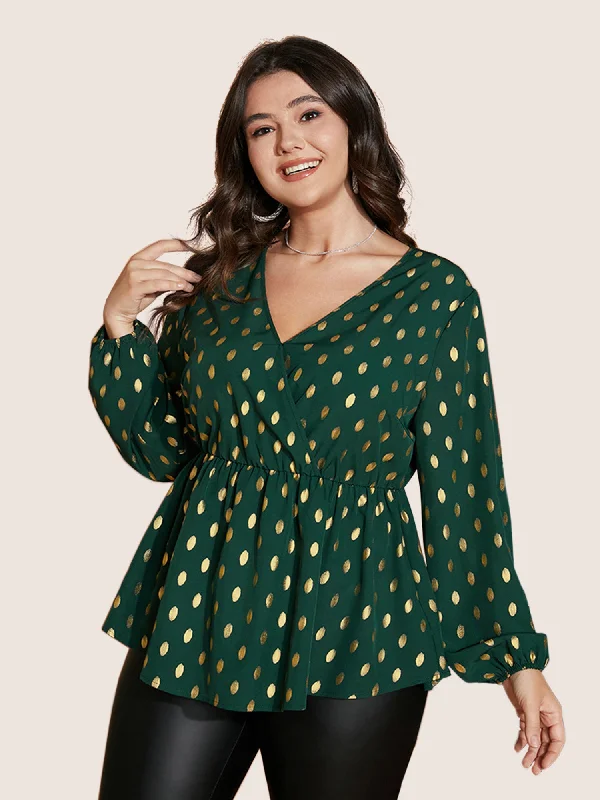 Polka Dot Lantern Sleeve Wrap Ruffle Blouse