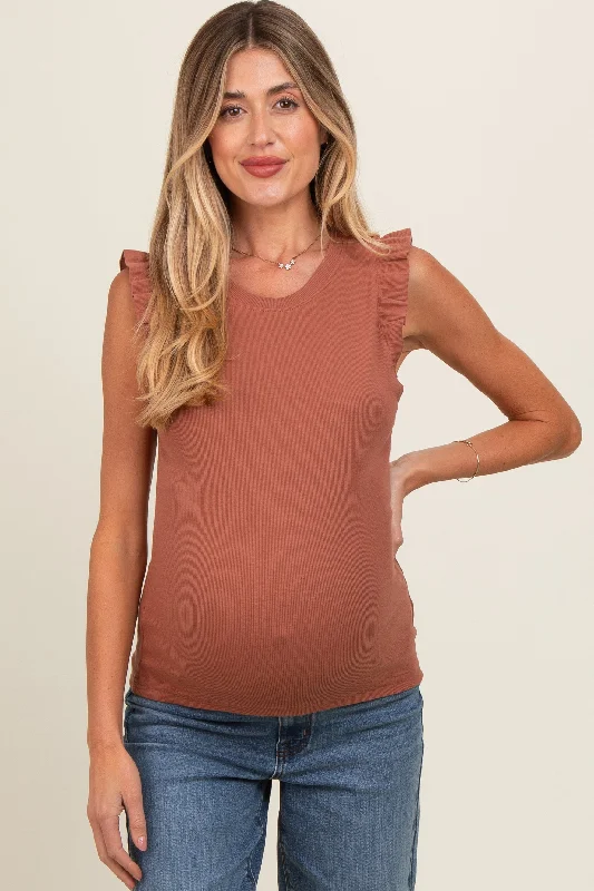 Rust Ribbed Ruffle Shoulder Maternity Tank Top