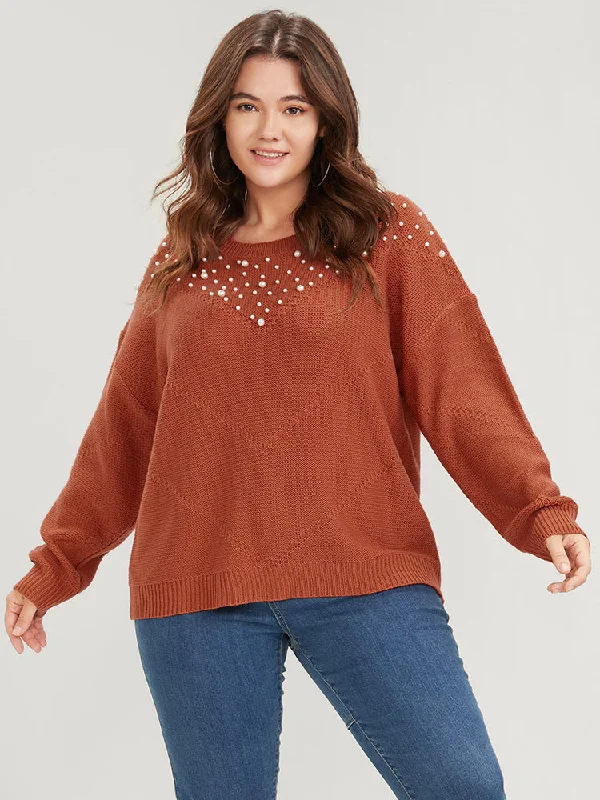 Solid Pointelle Knit Pearls Beaded Knit Top