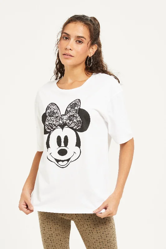 Women White Minnie Mouse Embellished T-Shirt