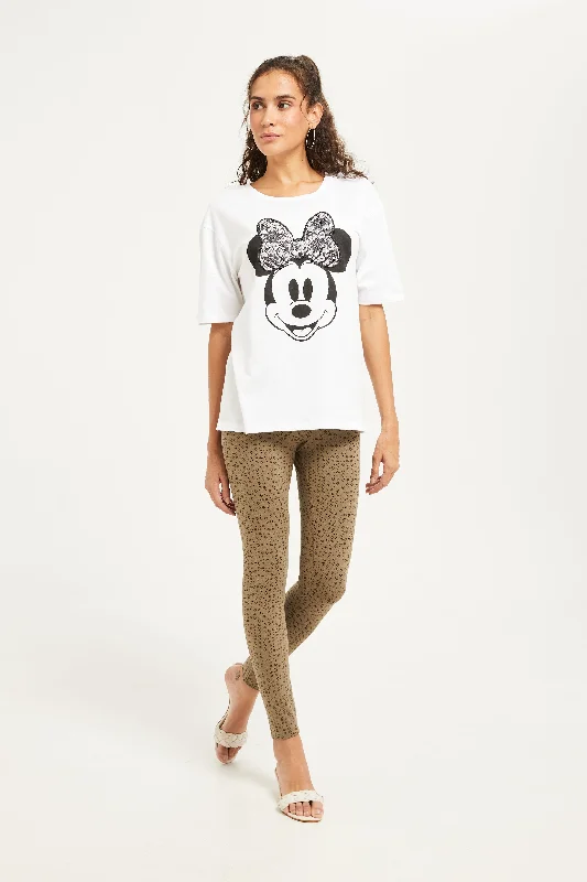 Women White Minnie Mouse Embellished T-Shirt