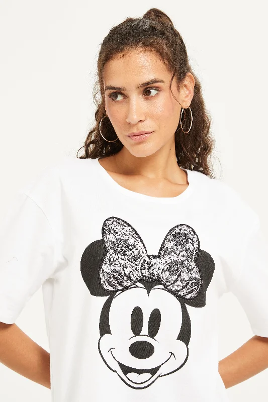 Women White Minnie Mouse Embellished T-Shirt