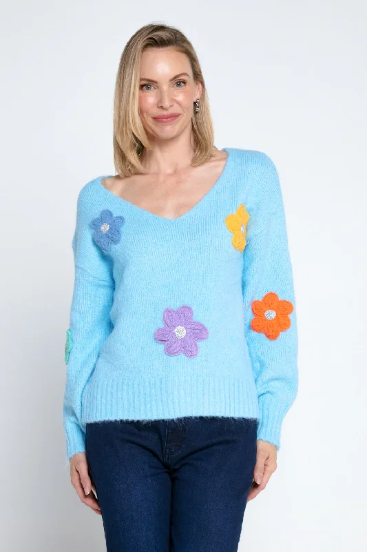 Appliqué Flower Knit Jumper - Blue