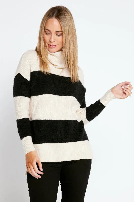 Barika Cowl Knit Top - Cream/Black Stripe