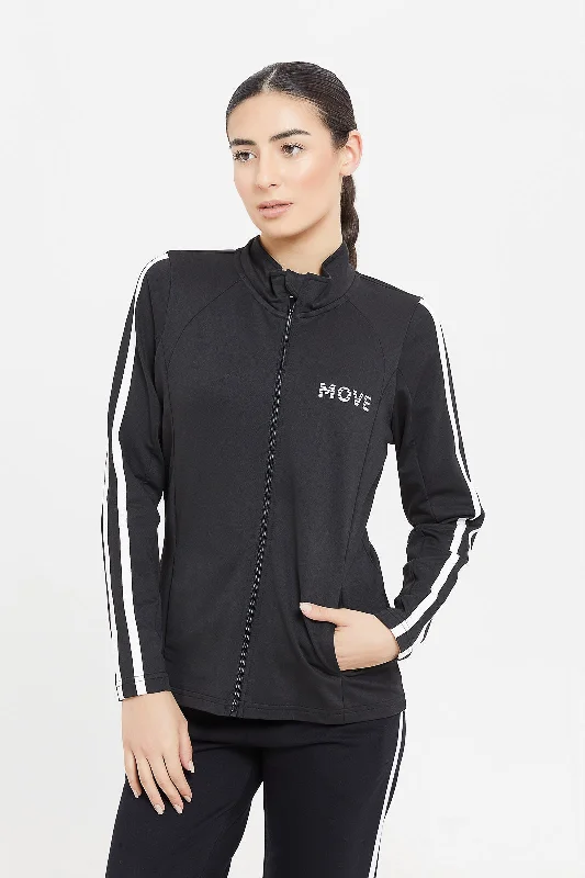 Women Black Printed Zip Through Sweatshirt