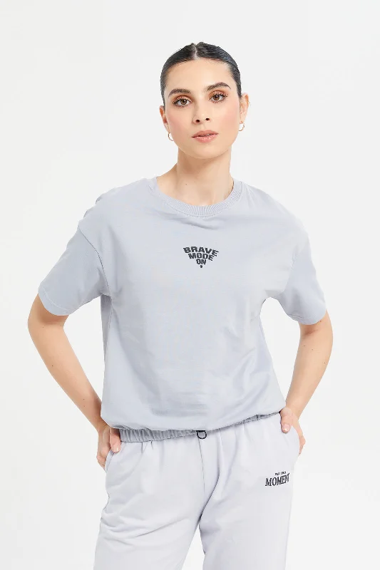 Women Grey Short Sleeve Sweatshirt With Elasticated Bottom