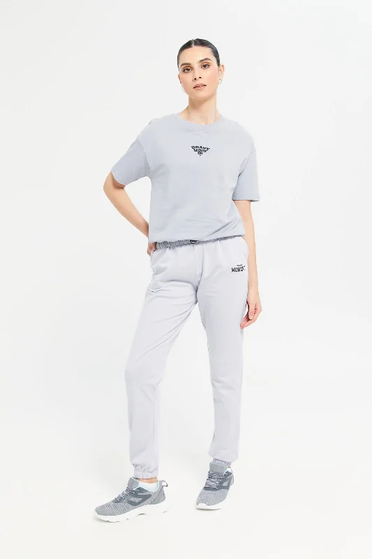 Women Grey Short Sleeve Sweatshirt With Elasticated Bottom