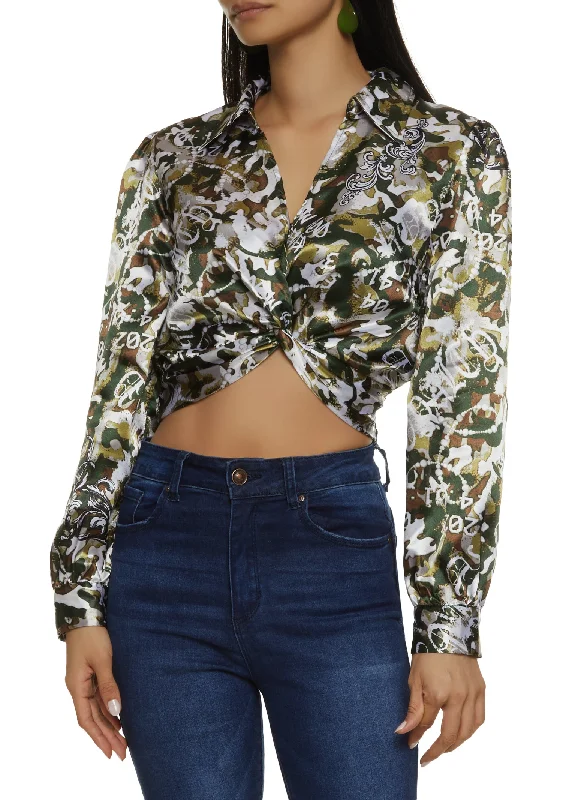 Satin Patterned Twist Front Crop Top