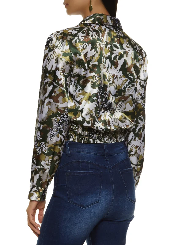 Satin Patterned Twist Front Crop Top