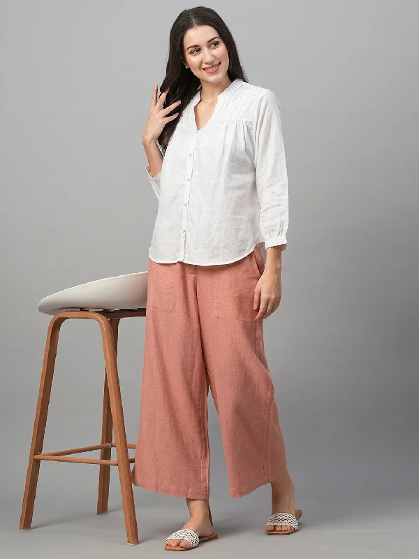 Women's White Linen Regular Fit Blouse