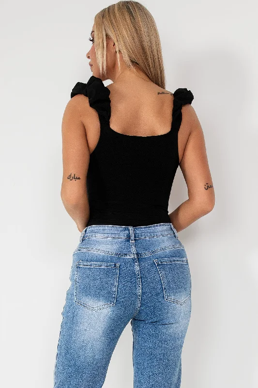 Milly Black Ruffle Strap Bodysuit