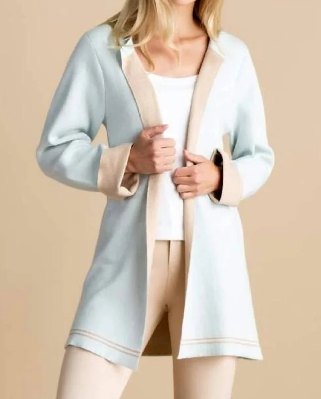 Open Front Two Tone Cardigan In Light Blue/tan