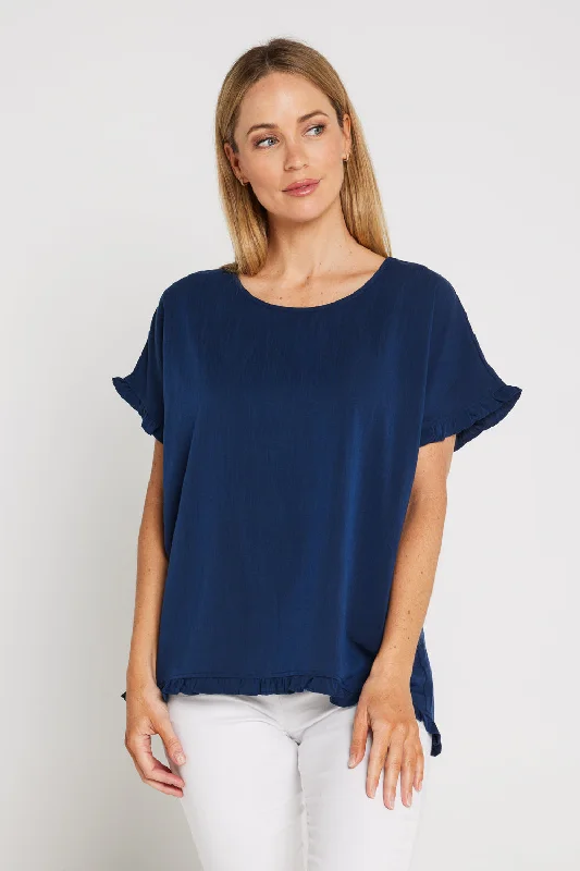 Ruffle Basic Woven Top - Navy