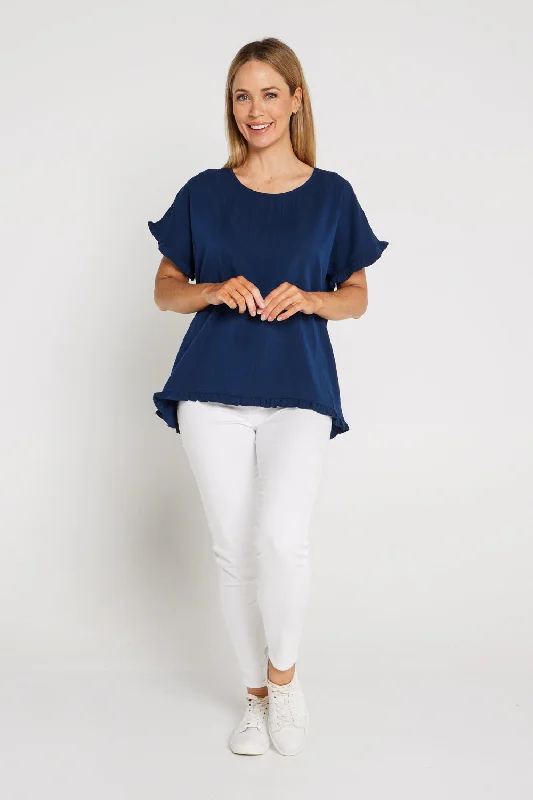 Ruffle Basic Woven Top - Navy