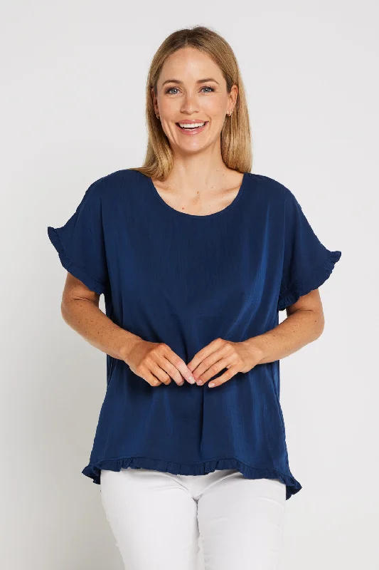 Ruffle Basic Woven Top - Navy