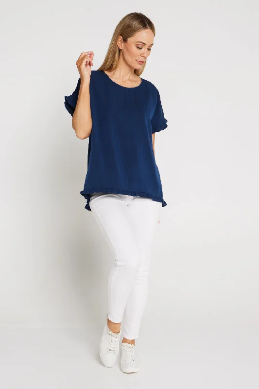 Ruffle Basic Woven Top - Navy