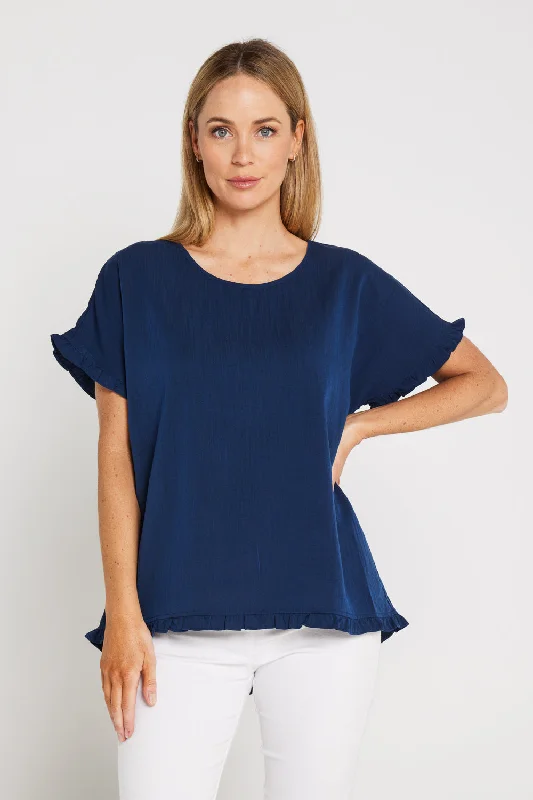 Ruffle Basic Woven Top - Navy