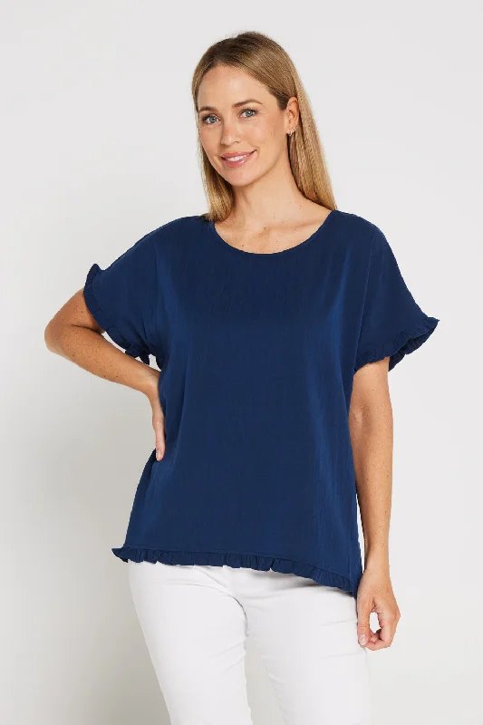 Ruffle Basic Woven Top - Navy