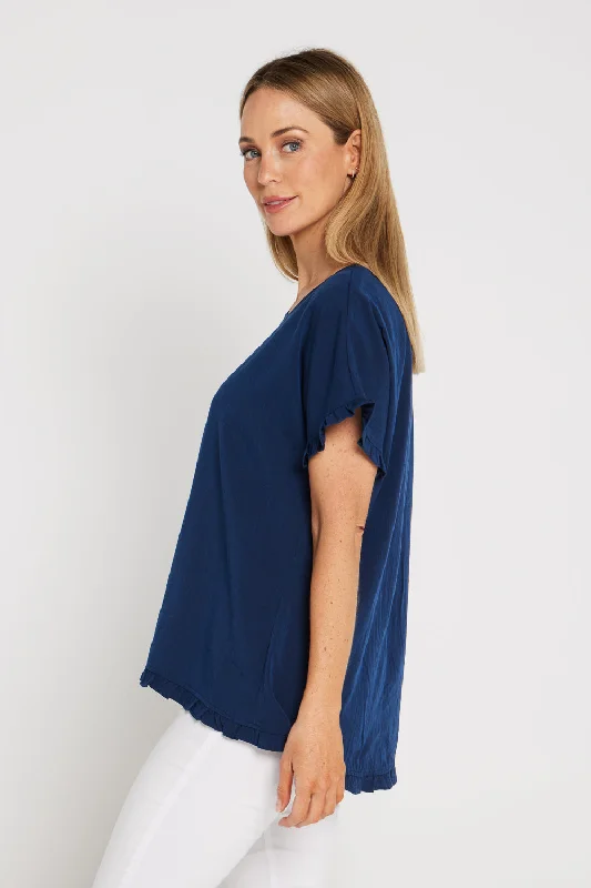 Ruffle Basic Woven Top - Navy