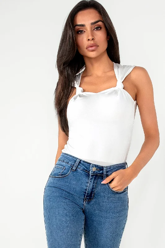 Valerie White Sheen Knot Front Bodysuit