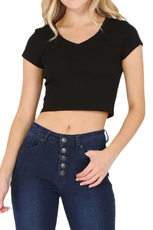 Women's Plus Size Short Sleeve Stretch V-Neck Crop Top T-Shirt