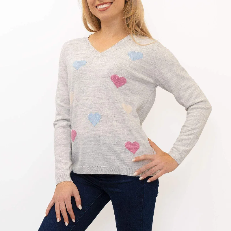 Wood Hill Grey Heart Print V-Neck Lightweight Jumper