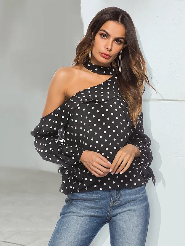 KittenAlarm - Women Chiffon Polka Point Diagonal Collar With Tie Blouse Top One Shoulder