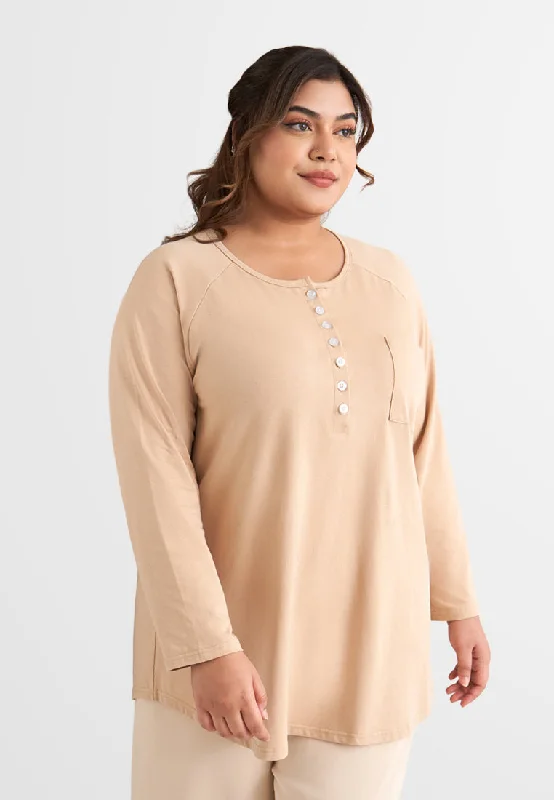 Rolanda Henley Long Sleeve Tee - Beige