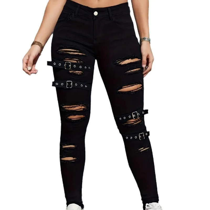 Black Tight Stretch Skinny Trousers Women's Ripped Denim Trousers